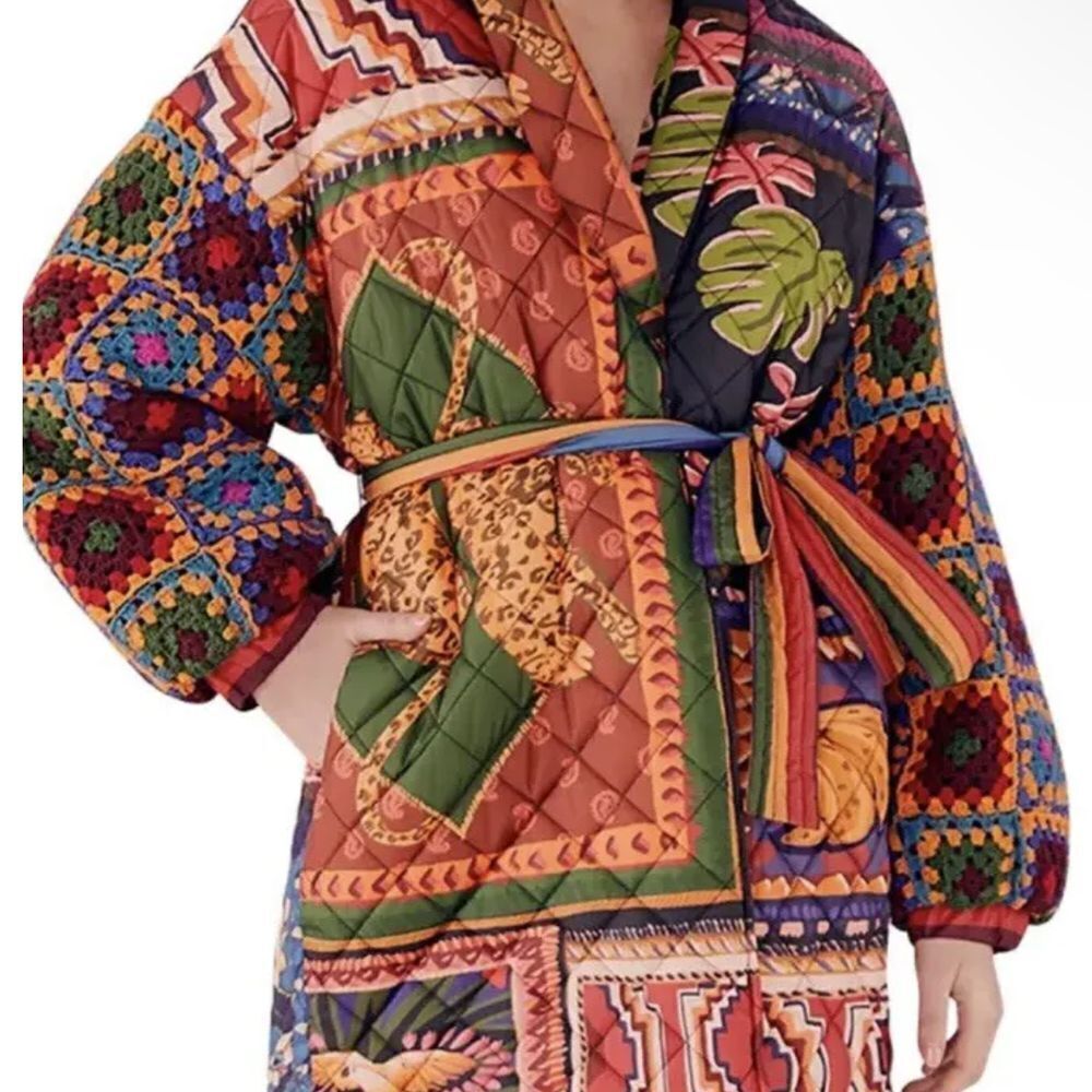 Farm Rio Patchwork Tapestry Crochet Puffer Coat Jacket Small NWOT MSRP $395
